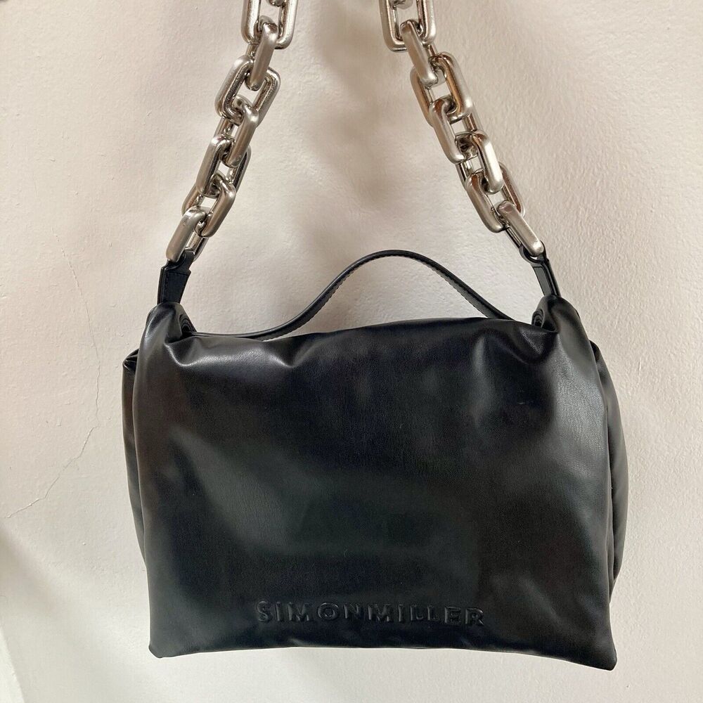 Simon Miller Black Leather Shoulder Bag with Silver Chain Handle - Picture 4 of 15